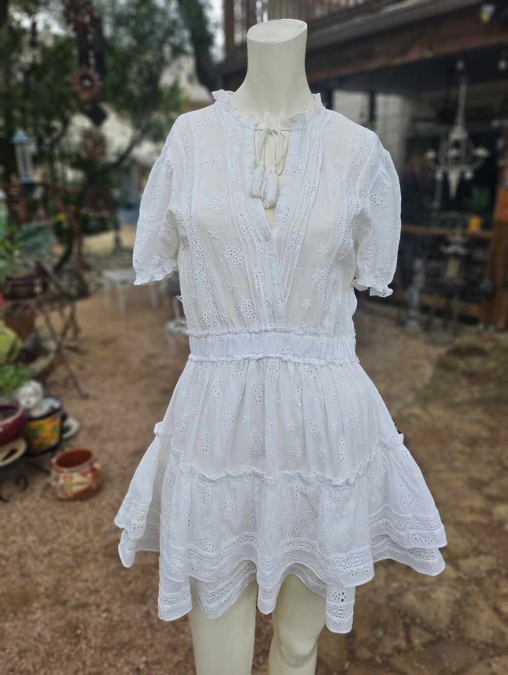 Mable White Cotton Eyelet Lace Tiered Frilly Mini Dress Size S